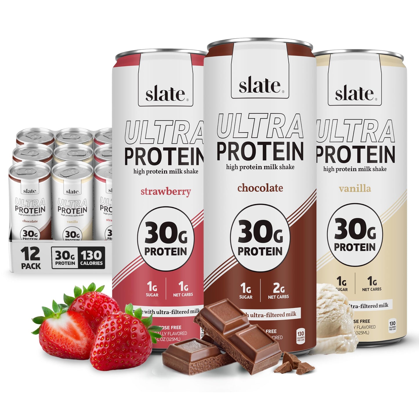 Slate Milk Ultra High Protein Milk Shake (Best Sellers Pack) Chocolate & Vanilla - 30g Protein, 1g Sugar, 130 Calories, 1-2g Net Carbs - No Added Sugar - Lactose Free - Natural - 11 fl oz, 12 Cans