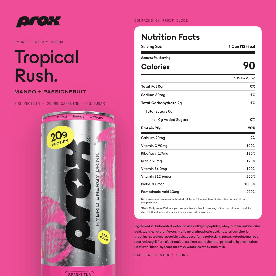 PROX Premium Energy Drink, Tropical Rush, 20g Protein, Zero Sugar, 12 Pack