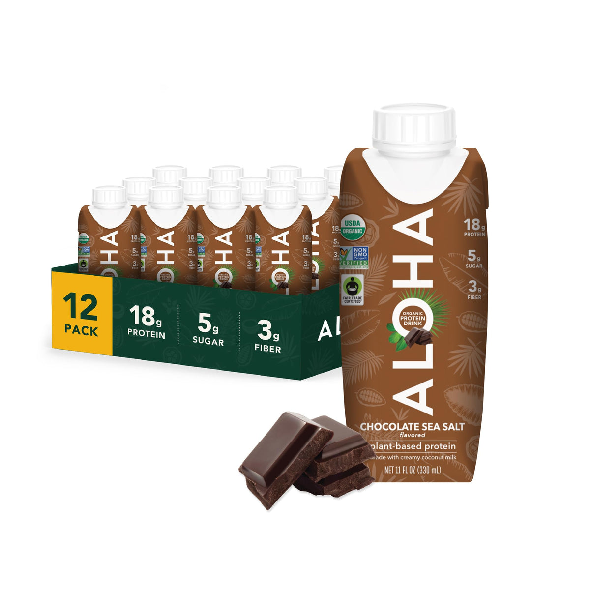 ALOHA Organic Plant-Based Protein Drink – Coconut Flavor | 18g Protein, 5g Sugar, 3g Fiber | Made with Creamy Coconut Milk, Fair Trade Certified, No Stevia | Vegan, Non-GMO, Gluten-Free, 11 fl oz (12 Pack)