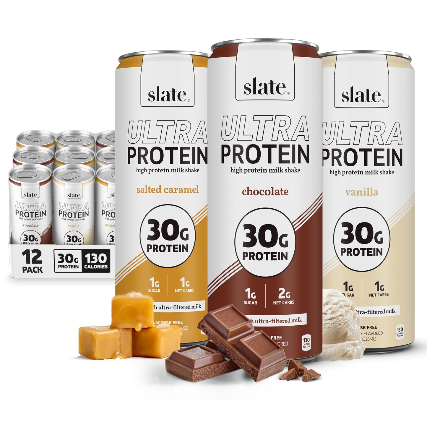Slate Milk Ultra High Protein Milk Shake (Best Sellers Pack) Chocolate & Vanilla - 30g Protein, 1g Sugar, 130 Calories, 1-2g Net Carbs - No Added Sugar - Lactose Free - Natural - 11 fl oz, 12 Cans