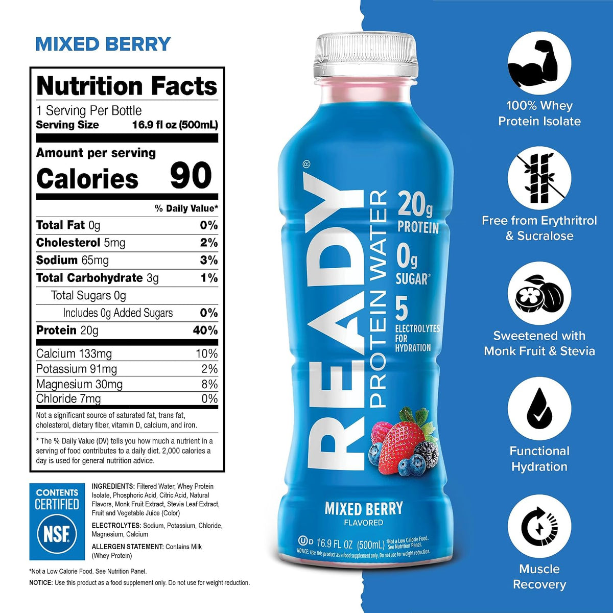 Ready Clear Protein Water, Mixed Berry, 20g Whey Protein Isolate, 12 Pack