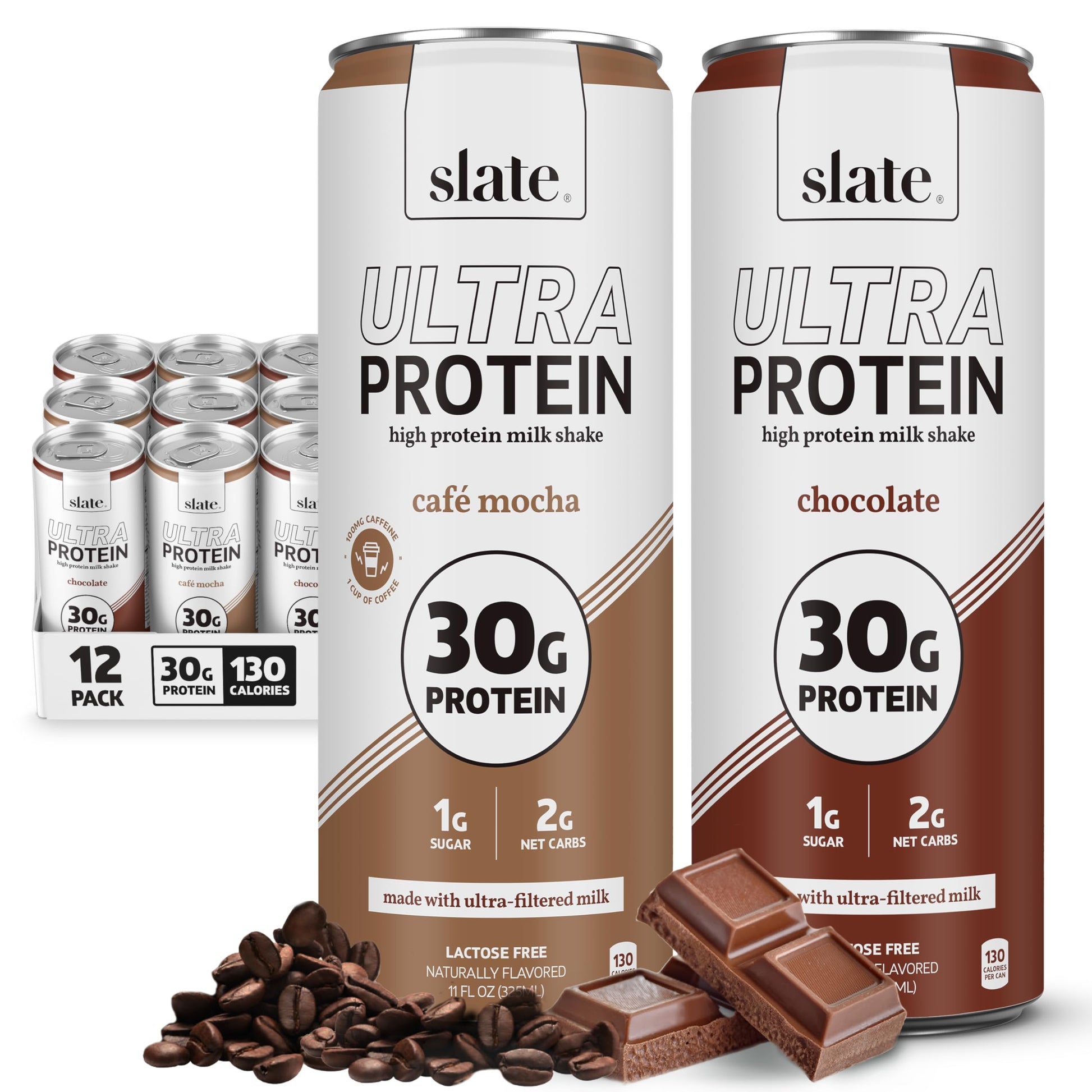 Slate Milk Ultra High Protein Milk Shake (Best Sellers Pack) Chocolate & Vanilla - 30g Protein, 1g Sugar, 130 Calories, 1-2g Net Carbs - No Added Sugar - Lactose Free - Natural - 11 fl oz, 12 Cans