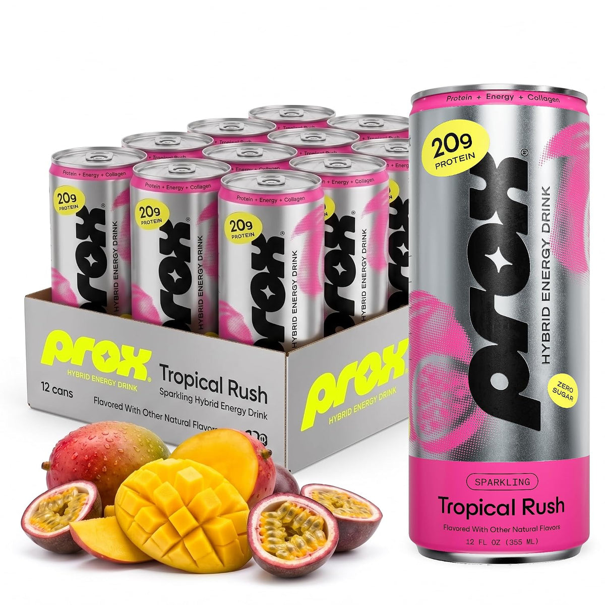 PROX Premium Energy Drink, Tropical Rush, 20g Protein, Zero Sugar, 12 Pack
