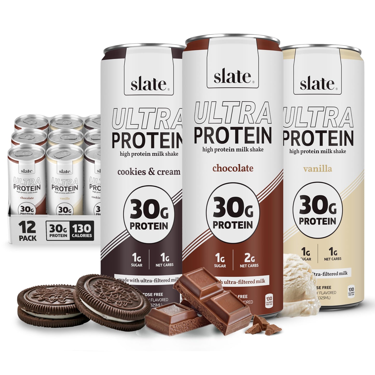 Slate Milk Ultra High Protein Milk Shake (Best Sellers Pack) Chocolate & Vanilla - 30g Protein, 1g Sugar, 130 Calories, 1-2g Net Carbs - No Added Sugar - Lactose Free - Natural - 11 fl oz, 12 Cans