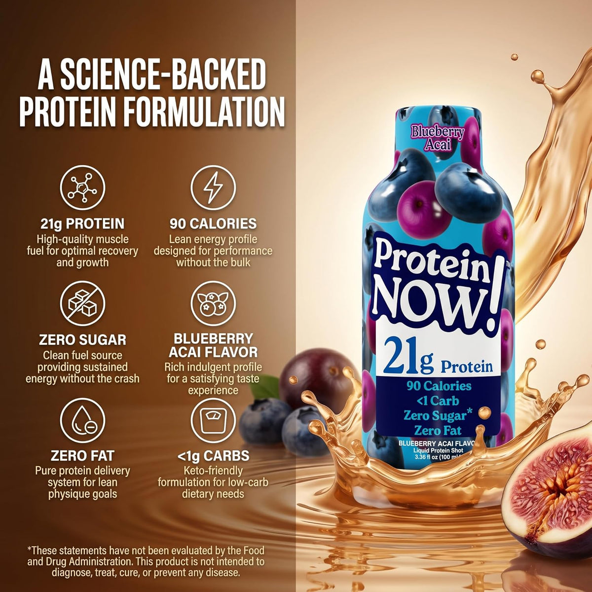 Protein Now Liquid 3 oz. Protein Shot By NutraBio– 21g Protein, 0 Carbs, 0 Fat, GLP-1 Support, Ready-to-Drink, No Refrigeration, Whey & Collagen Protein for Hair, Skin & Nails, On-the-Go Nutrition- Blueberry Acai