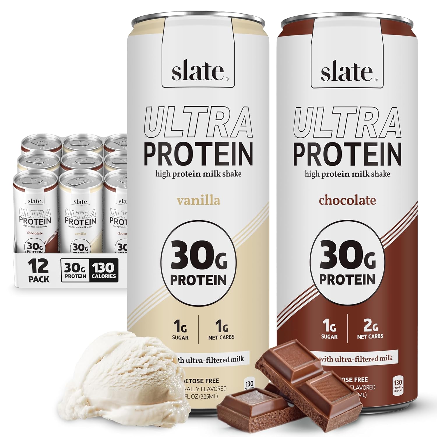 Slate Milk Ultra High Protein Milk Shake (Best Sellers Pack) Chocolate & Vanilla - 30g Protein, 1g Sugar, 130 Calories, 1-2g Net Carbs - No Added Sugar - Lactose Free - Natural - 11 fl oz, 12 Cans