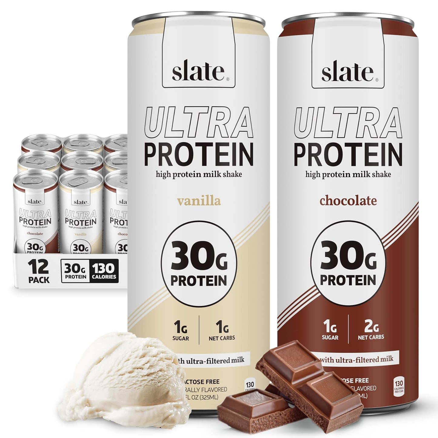 Slate Milk Ultra High Protein Milk Shake (Best Sellers Pack) Chocolate & Vanilla - 30g Protein, 1g Sugar, 130 Calories, 1-2g Net Carbs - No Added Sugar - Lactose Free - Natural - 11 fl oz, 12 Cans