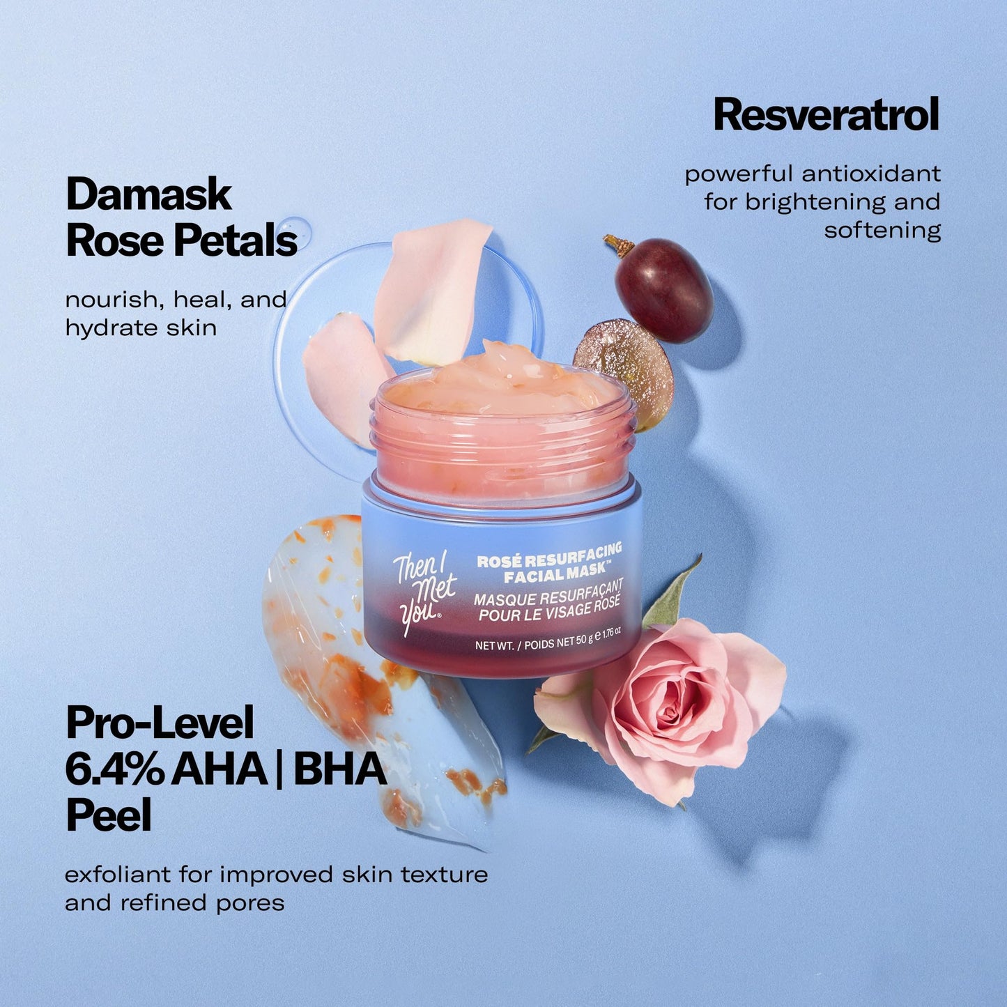 Then I Met You Rosé Resurfacing Facial Mask for Glass Skin, Nourishing & Brightening Korean Acid Mask with AHA, BHA & Resveratrol, Vegan & Clean Skincare, 1.76 oz